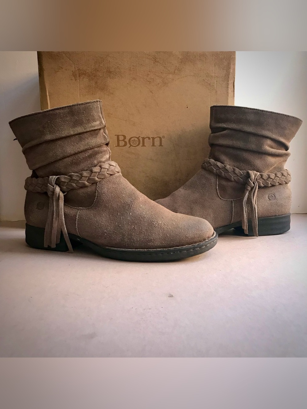 Born Boots S-10 Cross Taupe Distressed Western Ankle Suede Tassel Booties